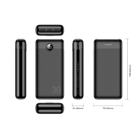 Veger 30000mAh Fast Charging Power Bank QC 3.0 3A / PD 20W 3x USB / 1x USB-C / 1x Micro USB - Melns - Universāla ārējas uzlādes batereja lādētājs-akumulators