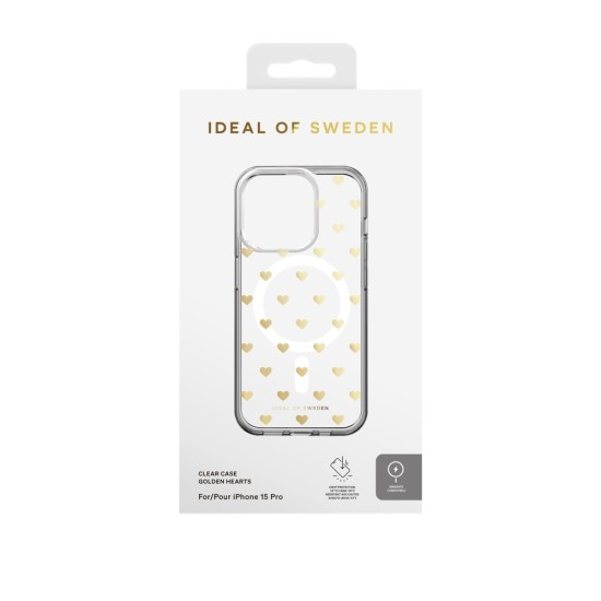 iDeal of Sweden Clear MagSafe Back Case priekš Apple iPhone 15 Pro - Golden Hearts - silikona aizmugures apvalks / bampers-vāciņš