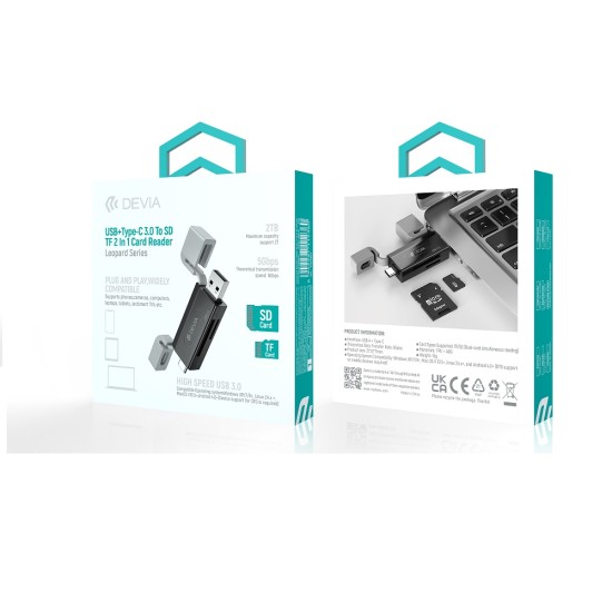 Devia SD / TF Card Reader 3.0 with USB un Type-C - Melns - atmiņas karšu lasītājs ar USB un Type-C  izeju