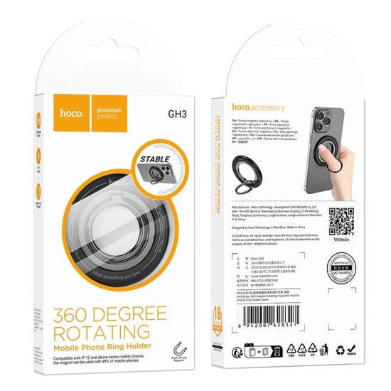 Hoco 360 Degree Rotating MagSafe Ring Phone Holder - Melns - Universālais magnētisks gredzens-turētājs telefonam