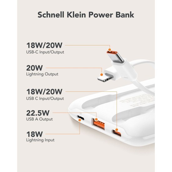 Veger 10000mAh QC 3.0 / PD 22.5W Power Bank with USB-C / Ligtning cable and LED display - Balts - Ārējas uzlādes batereja lādētājs-akumulators (Power Bank)
