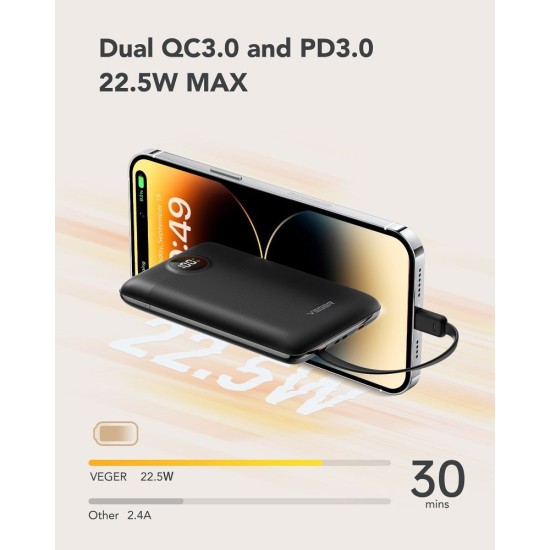 Veger 10000mAh QC 3.0 / PD 22.5W Power Bank with USB-C / Ligtning cable and LED display - Melns - Ārējas uzlādes batereja lādētājs-akumulators (Power Bank)