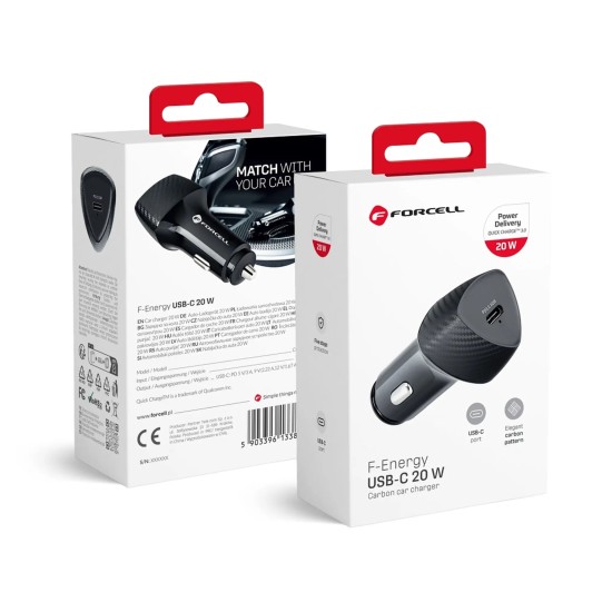 Forcell Carbon 20W Car Charger with Type-C PD / QC 3.0 socket - Melns - USB-C ātrs auto lādētājs telefoniem un planšetdatoriem
