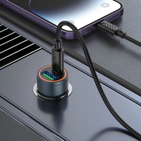 HOCO (Z57A) Car Charger USB / Type-C QC 3.0 / PD 30W with Type-C to Lighning cable - Melns - USB un Type-C Auto lādētājs telefoniem ar Ligtning vadu
