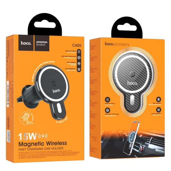 Hoco 15W Wireles QI Charger Air Vent Car Holder with MagSafe - Melns - Auto turētājs ventilācijas režģa ar iebūvētu bezvadu lādētāju