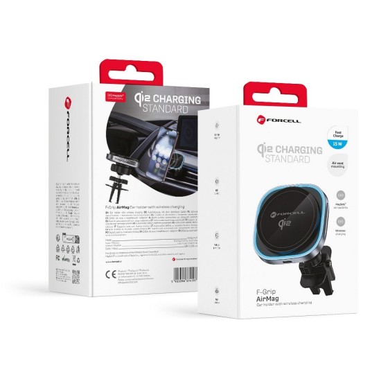 Forcell F-Grip 15W Wireles QI2 Charger Air Vent Car Holder with MagSafe - Melns - Auto turētājs ventilācijas režģa ar iebūvētu bezvadu lādētāju