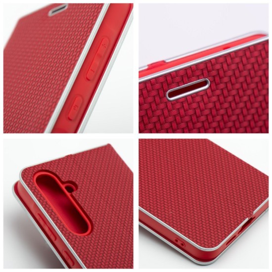 Luna Carbon Book Case priekš Samsung Galaxy A57 5G A576 - Sarkans - sāniski atverams maciņš ar stendu / grāmatveida maks