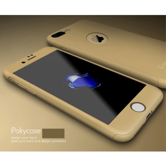 IPAKY Full Protection Hard Cover with Glass (Logo Cutout) priekš Apple iPhone 7 Plus - Zelts - plastikas aizmugures apvalks ar aizsardzības stiklu (bampers, vāciņš, PU back cover, bumper shell)