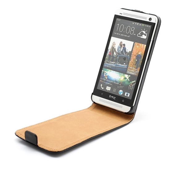 Premium Genuine Leather Magnetic Flip Case for HTC One M7 - Melns - vertikāli atverams maciņš (ādas telefona maks, leather book vertical flip case cover)