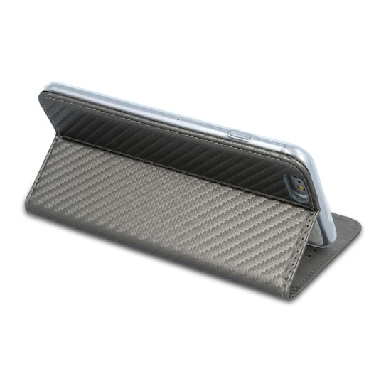 GreenGo Smart Carbon Magnet book case priekš Huawei P10 Plus - Pelēks - sāniski atverams maciņš ar stendu (ādas maks, grāmatiņa, leather book wallet case cover stand)