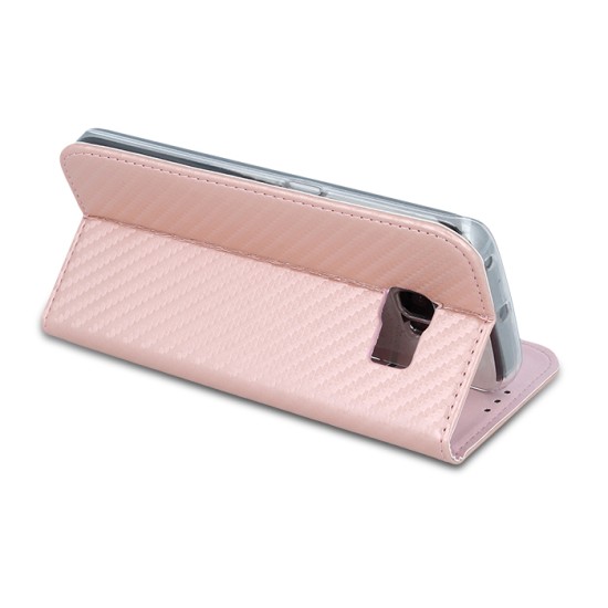GreenGo Smart Carbon Magnet book case priekš Samsung Galaxy A7 (2017) A720 - Rozā Zelts - sāniski atverams maciņš ar stendu (ādas maks, grāmatiņa, leather book wallet case cover stand)