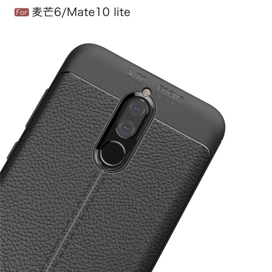 Litchi Skin PU Leather Coated TPU Mobile Phone Case for Huawei Mate 10 Lite - Black - ādas imitācijas triecienizturīgs silikona aizmugures apvalks (maciņš, bampers, vāciņš, slim cover, bumper, back case)