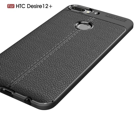 Litchi Skin PU Leather Coated TPU Mobile Phone Case priekš HTC Desire 12 Plus - Melns - ādas imitācijas triecienizturīgs silikona aizmugures apvalks (maciņš, bampers, vāciņš, slim cover, bumper, back case)