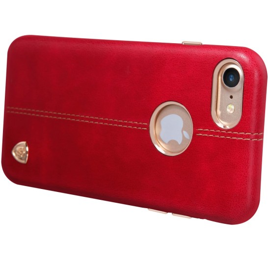 NILLKIN Englon Textured Leather Skin Hard Back Case priekš Apple iPhone 8 - Sarkans (ar izgriezumu) - ādas aizmugures apvalks (bampers, vāciņš, leather cover, bumper)