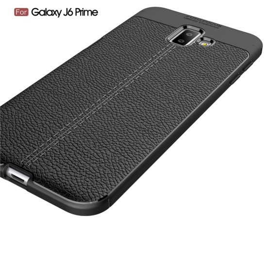 Litchi Skin PU Leather Coated TPU Mobile Phone Case for Samsung Galaxy J6 Plus (2018) J610 - Melns - ādas imitācijas triecienizturīgs silikona aizmugures apvalks (maciņš, bampers, vāciņš, slim cover, bumper, back case)