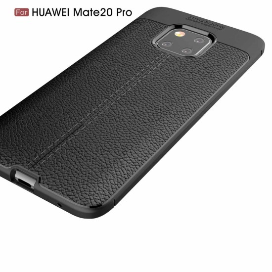 Litchi Skin PU Leather Coated TPU Mobile Phone Case for Huawei Mate 20 Pro - Melns - ādas imitācijas triecienizturīgs silikona aizmugures apvalks (maciņš, bampers, vāciņš, slim cover, bumper, back case)