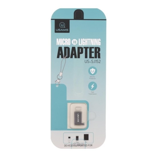 Usams SJ152ML01 (US-SJ152) Aluminum Alloy Adapter with Strap microUSB Female to Lightning Male - Melns - adapteris Apple telefoniem vai planšetdatoriem ar Lightning ieeju / konektoru