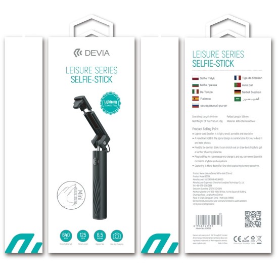 Devia Leisure 8-pin Lightning cable 64mm Selfie Stick statīvs - Melns - Selfie monopod Teleskopisks stiprinājuma statīvs