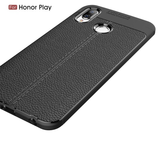 Litchi Skin PU Leather Coated TPU Mobile Phone Case priekš Huawei Honor Play - Melns - ādas imitācijas triecienizturīgs silikona aizmugures apvalks (maciņš, bampers, vāciņš, slim cover, bumper, back case)