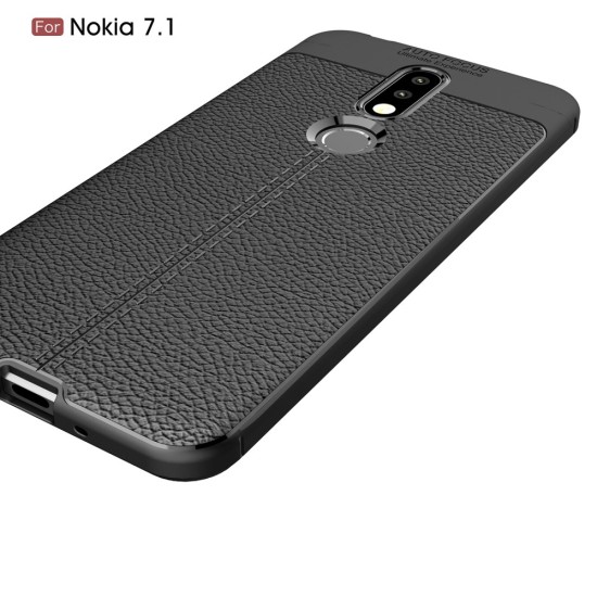 Litchi Skin PU Leather Coated TPU Mobile Phone Case priekš Nokia 7.1 (2018) - Melns - ādas imitācijas triecienizturīgs silikona aizmugures apvalks (maciņš, bampers, vāciņš, slim cover, bumper, back case)