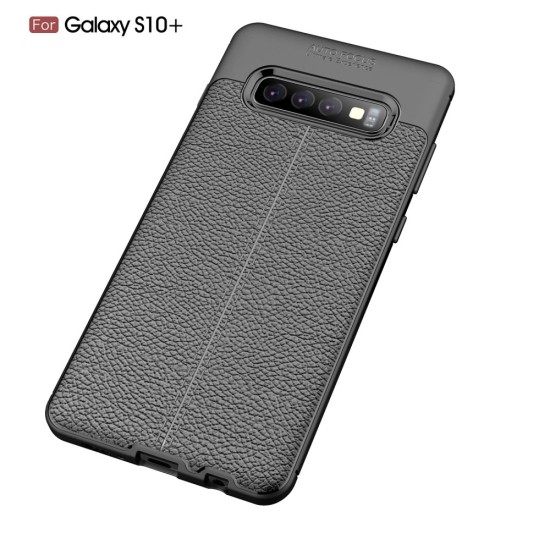Litchi Skin PU Leather Coated TPU Mobile Phone Case priekš Samsung Galaxy S10 Plus G975 - Melns - ādas imitācijas triecienizturīgs silikona aizmugures apvalks (maciņš, bampers, vāciņš, slim cover, bumper, back case)