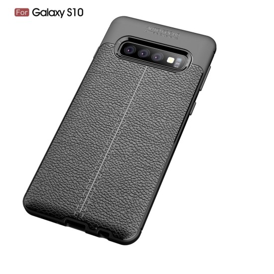 Litchi Skin PU Leather Coated TPU Mobile Phone Case priekš Samsung Galaxy S10 G973 - Melns - ādas imitācijas triecienizturīgs silikona aizmugures apvalks (maciņš, bampers, vāciņš, slim cover, bumper, back case)