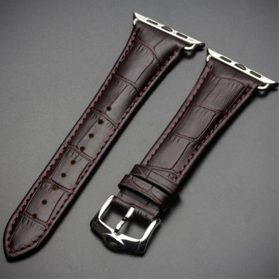 QIALINO Crocodile Pattern Genuine Leather Watch Wrist Strap priekš Apple Watch 42 / 44 / 45 mm / Ultra 49 mm - Tumši Brūns - dabīgas ādas siksniņas (jostas) priekš pulksteņiem