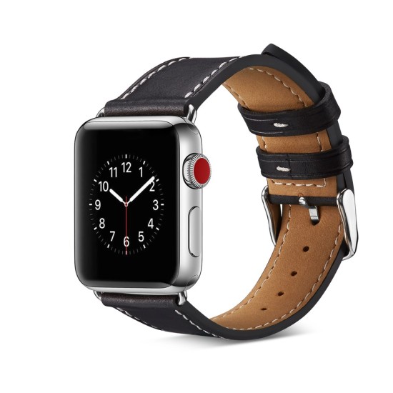 Top Layer Cowhide Leather Watch Band priekš Apple Watch 38 / 40 / 41 mm - Melns - dabīgas ādas siksniņas (jostas) priekš pulksteņiem