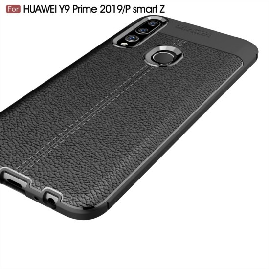 Litchi Skin PU Leather Coated TPU Mobile Phone Case priekš Huawei P Smart Z / Honor 9X - Melns - ādas imitācijas triecienizturīgs silikona aizmugures apvalks (maciņš, bampers, vāciņš, slim cover, bumper, back case)