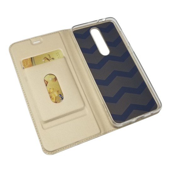 Auto-absorbed Leather Card Holder Case priekš Nokia 5.1 Plus - Zelts - sāniski atverams maciņš ar magnētu un stendu (ādas maks, grāmatiņa, leather book wallet case cover stand)