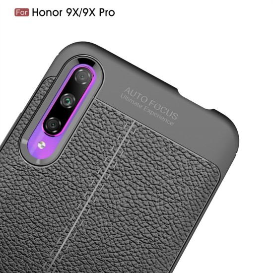 Litchi Skin PU Leather Coated TPU Mobile Phone Case priekš Huawei P Smart Pro (2019) - Melns - ādas imitācijas triecienizturīgs silikona aizmugures apvalks (maciņš, bampers, vāciņš, slim cover, bumper, back case)