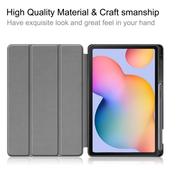 Tri-fold Stand PU Smart Auto Wake/Sleep Leather Case priekš Samsung Galaxy Tab S6 Lite P610 / P613 / P615 / P619 - Melns - sāniski atverams maciņš ar stendu