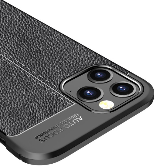 Litchi Skin PU Leather Coated TPU Mobile Phone Case priekš Apple iPhone 12 / 12 Pro - Melns - ādas imitācijas triecienizturīgs silikona aizmugures apvalks / bampers-vāciņš