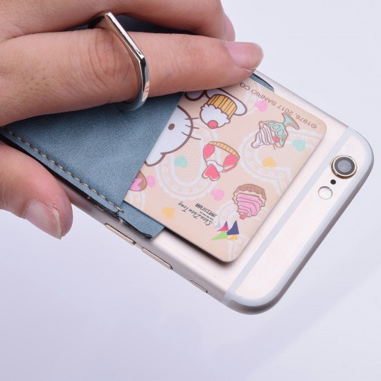 Universal Adhesive PU Leather Credit Card Pocket with Finger Grip Kickstand / Built-in Magnet Iron - Zils - universāls pielīmējams ādas karšu turētājs ar gredzenu-statīvu / ar iebūvētu magnētu