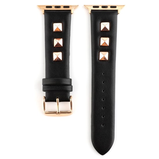 Genuine Leather Watchband with Rose Gold Fastener priekš Apple Watch 38 / 40 / 41 mm - Melns - dabīgās ādas siksniņa priekš pulksteņiem ar saspraudi