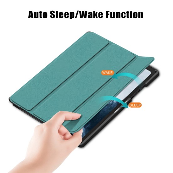 Tri-fold Stand PU Smart Auto Wake/Sleep Leather Case priekš Samsung Galaxy Tab A7 (2020 / 2022) T500 / T505 / T509 - Tirkīzs - sāniski atverams maciņš ar stendu