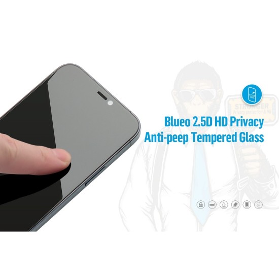 Mr. Monkey 5D Strong Privacy Full Glue Tempered Glass protector priekš Apple iPhone 13 / 13 Pro / 14 - Melns - Ekrāna Aizsargstikls / Bruņota Stikla Aizsargplēve