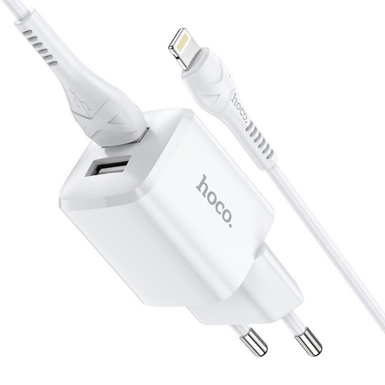 Hoco N8 2xUSB 2.4A / 12W Travel Charger with USB to Lightning Cable - Balts - USB tīkla lādētājs ar USB uz Lightning vadu