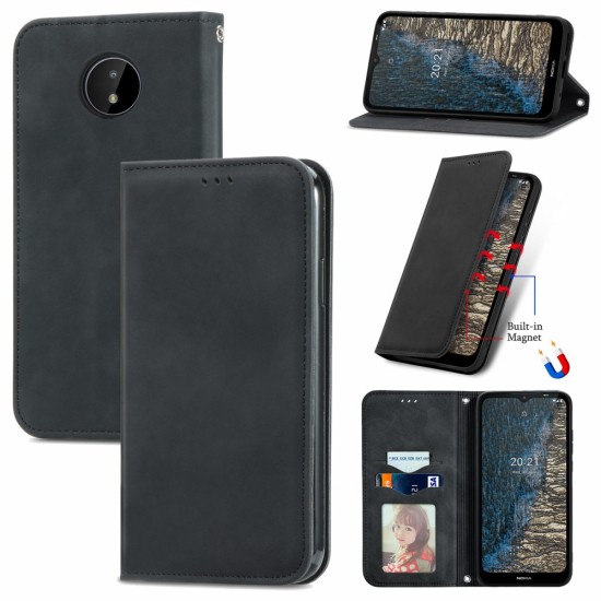 Vintage Style Skin-touch PU Leather Phone Case with Card Holder для Nokia C20 - Чёрный - чехол-книжка с магнитом и стендом / подставкой