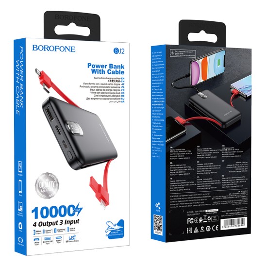 Borofone BJ2 Buena 10000mAh PowerBank USB 5V/2A / USB Type-C 5V/2A Ligzda with Lightning / Micro USB / Type-C cable - Melns - Universāla ārējas uzlādes batereja lādētājs-akumulators