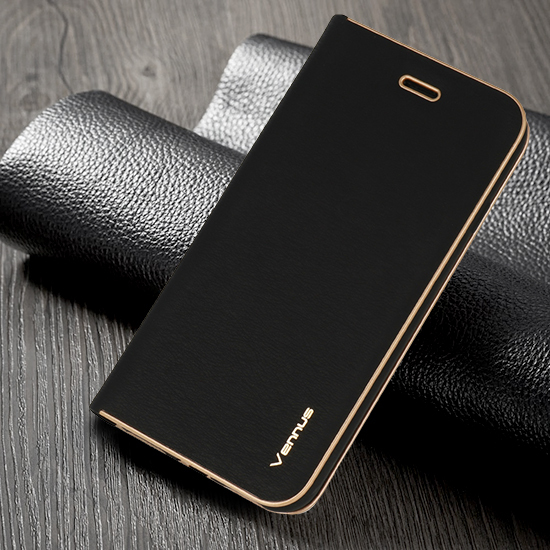 Vennus Luna Book Gold Case priekš Samsung Galaxy A22 5G A226 - Melns - sāniski atverams maciņš ar magnētu un stendu / grāmatveida maks