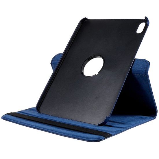 360 Rotary Litchi Grain Leather Cover w/ Stand priekš Apple iPad 10.9 (2022) - Tumši Zils - sāniski atverams maciņš ar stendu