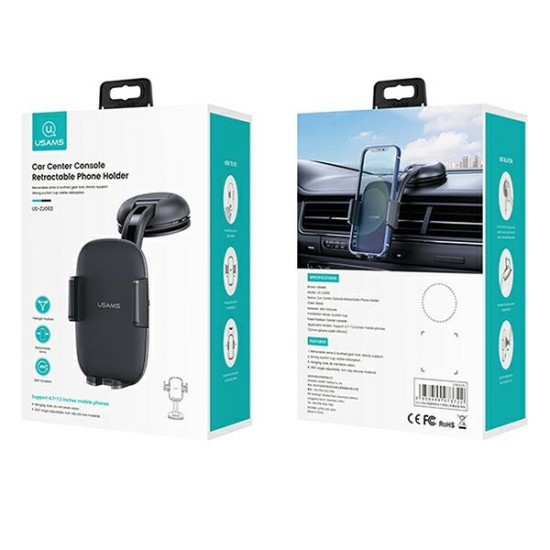 Usams ZJ063 Car Center Console Retractable Phone Holder for Dashboard / Windshield - Melns - Universāls stiprinājums uz automašīnas paneļa vai loga