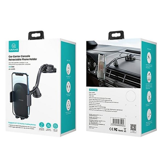 Usams ZJ065 Car Center Console Retractable Phone Holder for Dashboard / Windshield - Melns - Universāls stiprinājums uz automašīnas paneļa vai loga