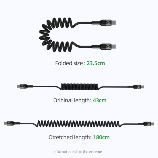 Mcdodo 1.8M Omega CA-7860 PD 60W Type-C to Type-C cable - Melns - USB-C spirālveida lādēšanas un datu kabelis / vads