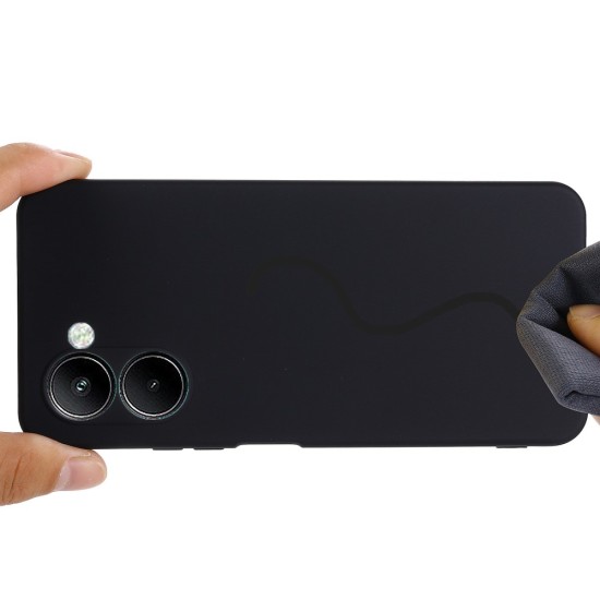 Microfiber Lining Liquid Silicone Shockproof Phone Case with Strap priekš Realme C33 - Melns - silikona aizmugures apvalks ar auklu / bampers
