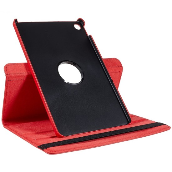 360 Rotary Litchi Skin Leather Cover w/ Stand priekš Lenovo Tab M10 Plus 3rd Gen TB-125 / TB-128 - Sarkans - sāniski atverams maciņš ar stendu