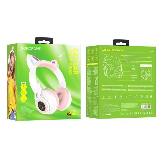 Borofone BO18 Cat Ear Bluetooth 5.0 Wireless Headphones with Microphone for Kids Universālas Bezvadu Austiņas Bērniem - Baltas