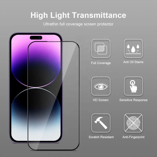 Easy-Stick Box Full Glue Tempered Glass screen protector priekš Apple iPhone 14 Pro - Melns - Ekrāna Aizsargstikls / Bruņota Stikla Aizsargplēve