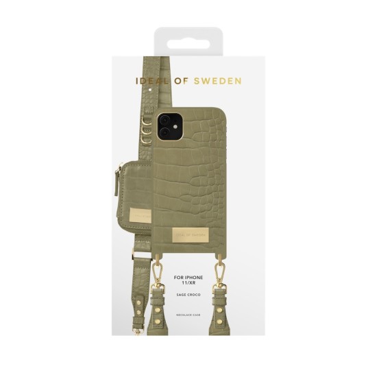 iDeal of Sweden Atelier Necklace SS22 Back Case priekš Apple iPhone 11 - Sage Croco - mākslīgās ādas aizmugures apvalks ar siksniņu / bampers-vāciņš